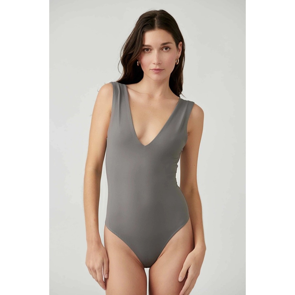 Free People Keep It Sleek Bodysuit Charcoal Carbon Light Gray XL NWT V Neck